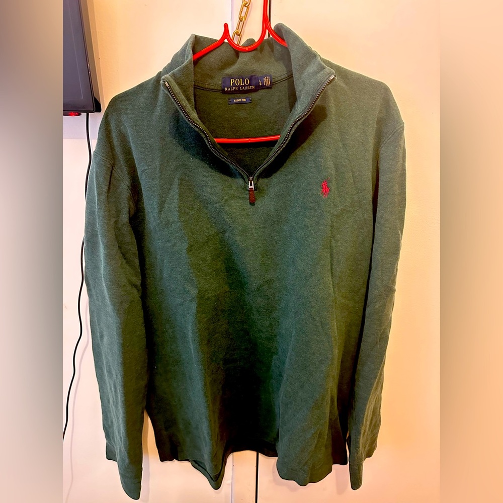 Mens Polo Ralph Lauren Green Half Zip Estate Rib Cotton Sweater